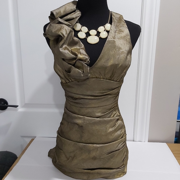 Jessica McClintock MetalicGold Ruffled Cocktail Dress necklace included - Picture 1 of 14